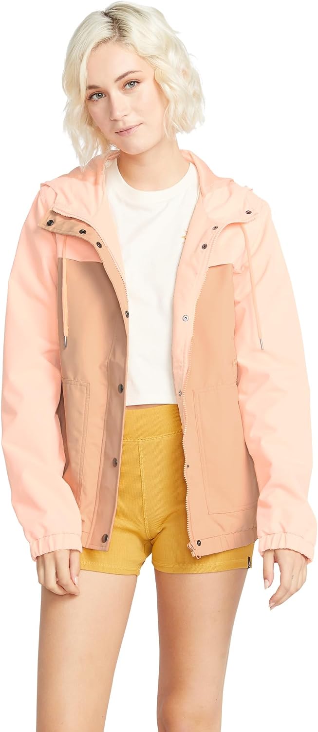 Volcom Women's Enemy Stone Hooded Zip Front Windbreaker Jacket (Regular & Plus Size) Coral