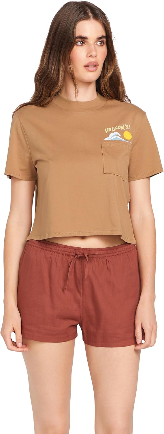 Volcom Women's Short Sleeve Pocket Dial Tee – Crew Neck T-Shirt with Chest Pocket and Screen Print Brown
