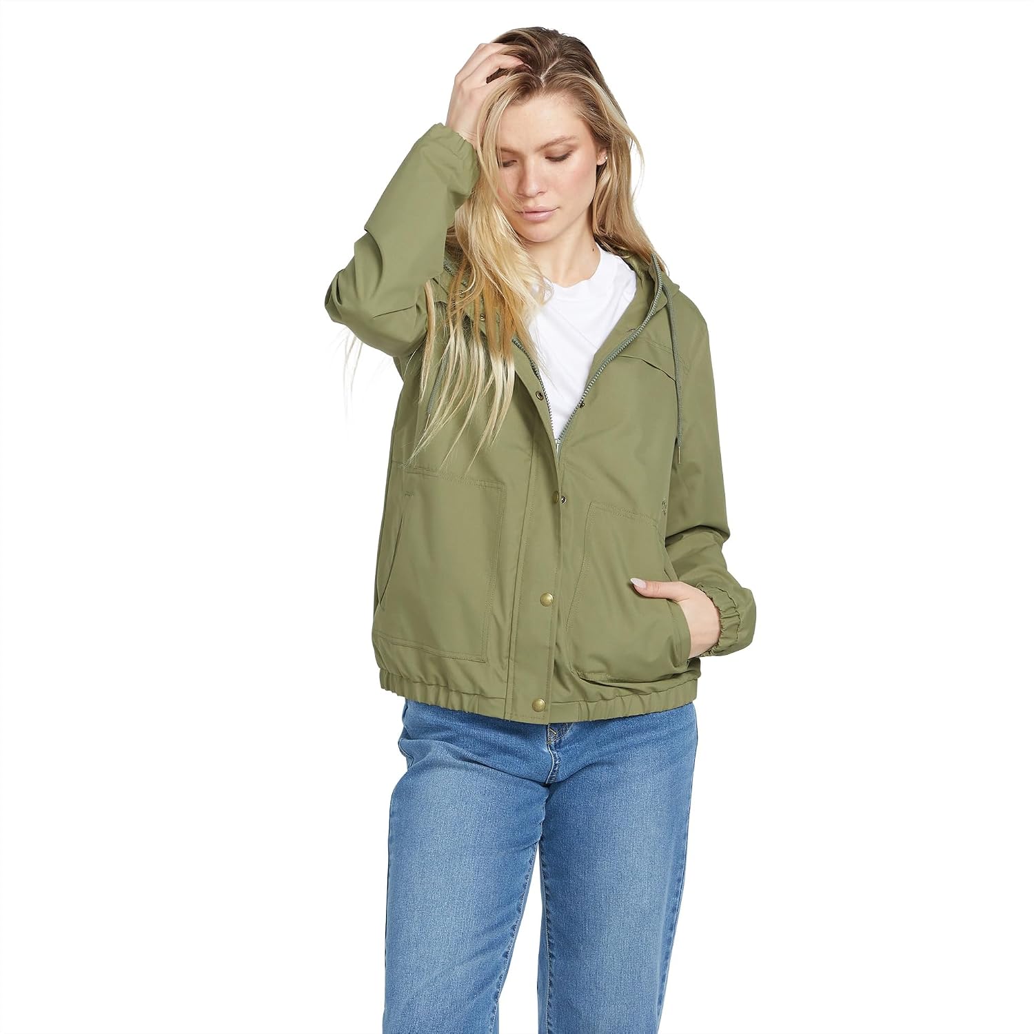 Volcom Women's Enemy Stone Hooded Zip Front Windbreaker Jacket Moss