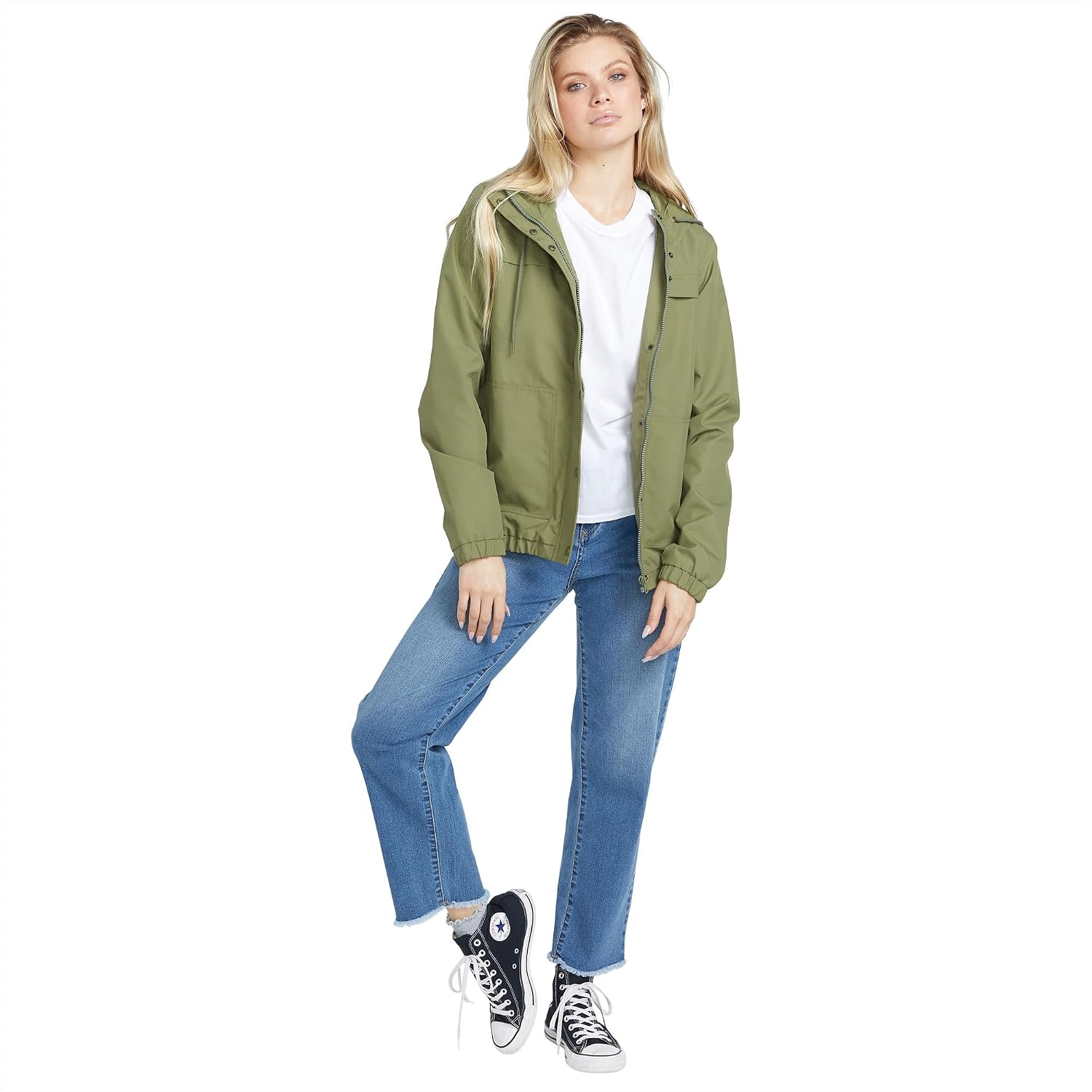 Volcom Women's Enemy Stone Hooded Zip Front Windbreaker Jacket Moss