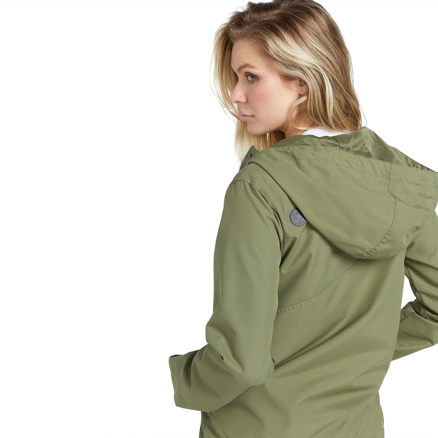 Volcom Women's Enemy Stone Hooded Zip Front Windbreaker Jacket Moss