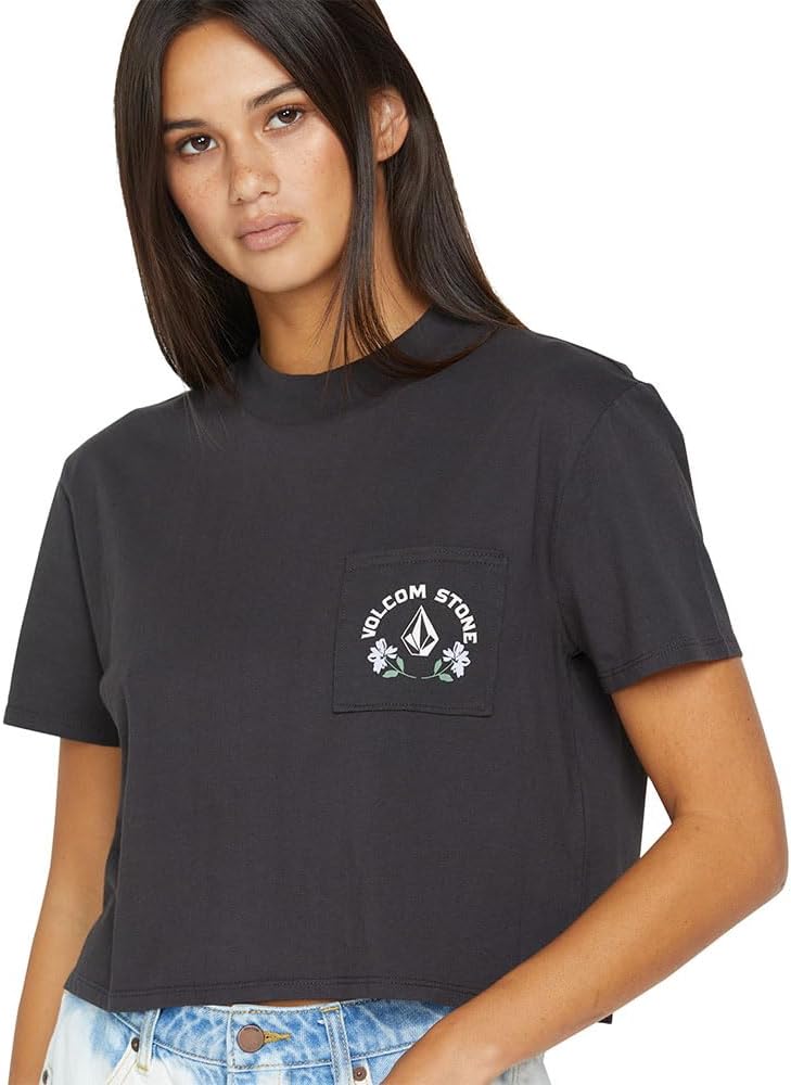 Volcom Women's Short Sleeve Pocket Dial Tee – Crew Neck T-Shirt with Chest Pocket and Screen Print Vintage Jet