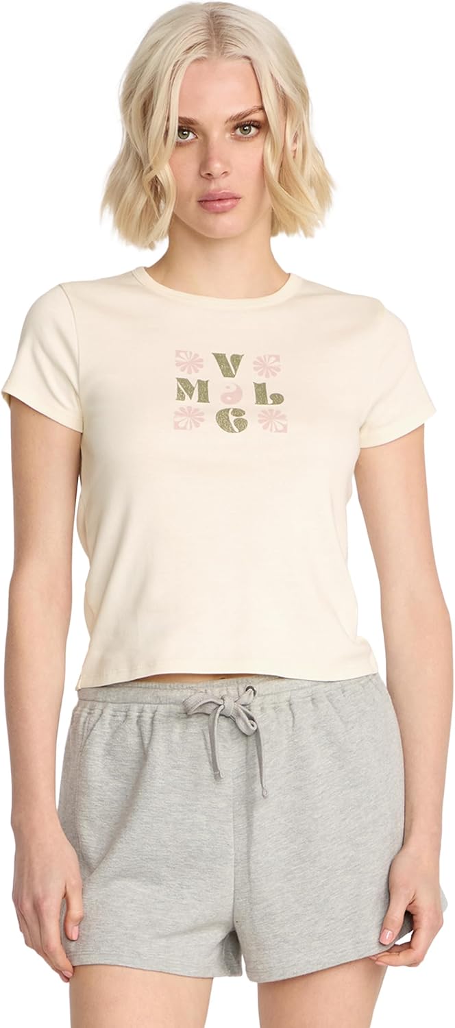 Volcom Women's Have a Clue Short Sleeve Tee – Fitted T-Shirt with Striped Neck Taping Bone White
