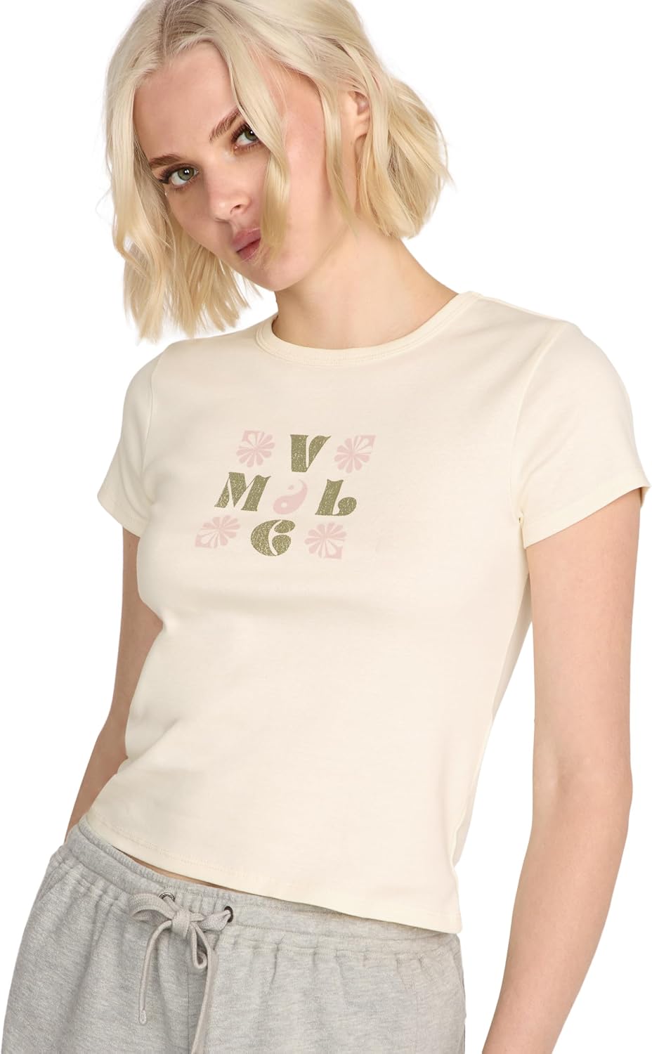 Volcom Women's Have a Clue Short Sleeve Tee – Fitted T-Shirt with Striped Neck Taping Bone White