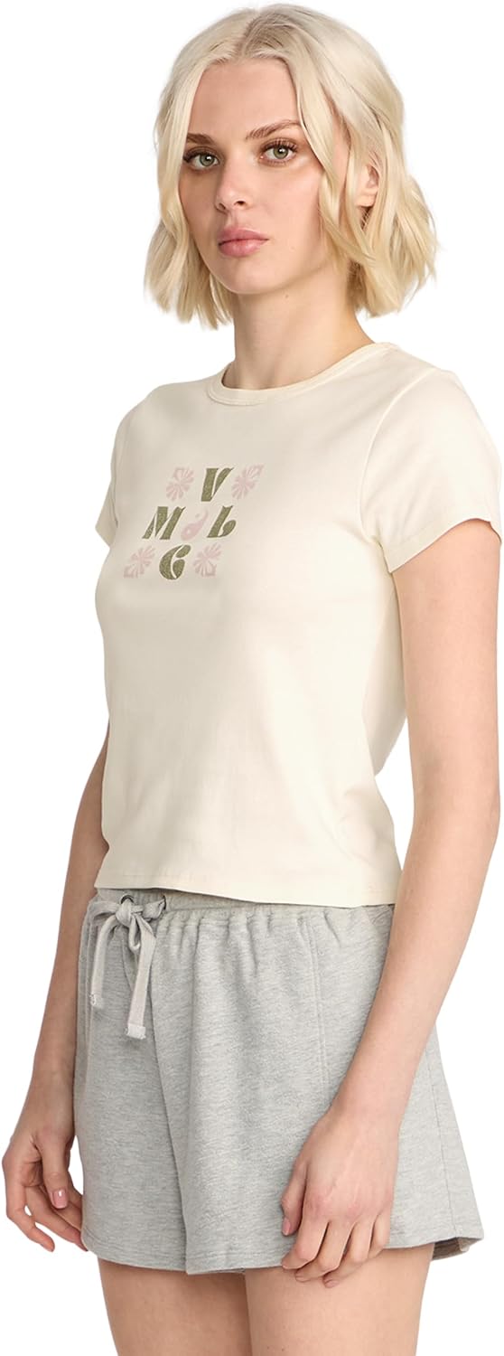 Volcom Women's Have a Clue Short Sleeve Tee – Fitted T-Shirt with Striped Neck Taping Bone White