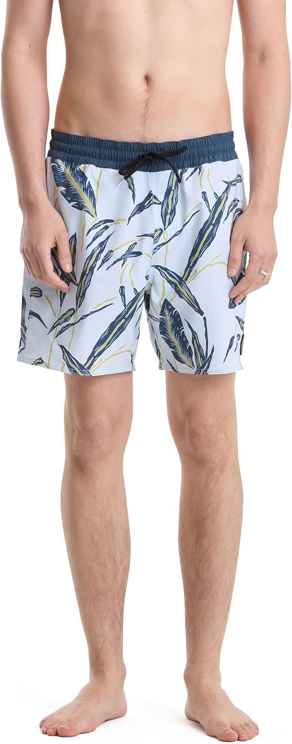 Volcom Men's 16" Elastic Waist Swim Trunks- Stretchable, UPF 50+, Quick Dry Swim Bottoms Light Blue Acid