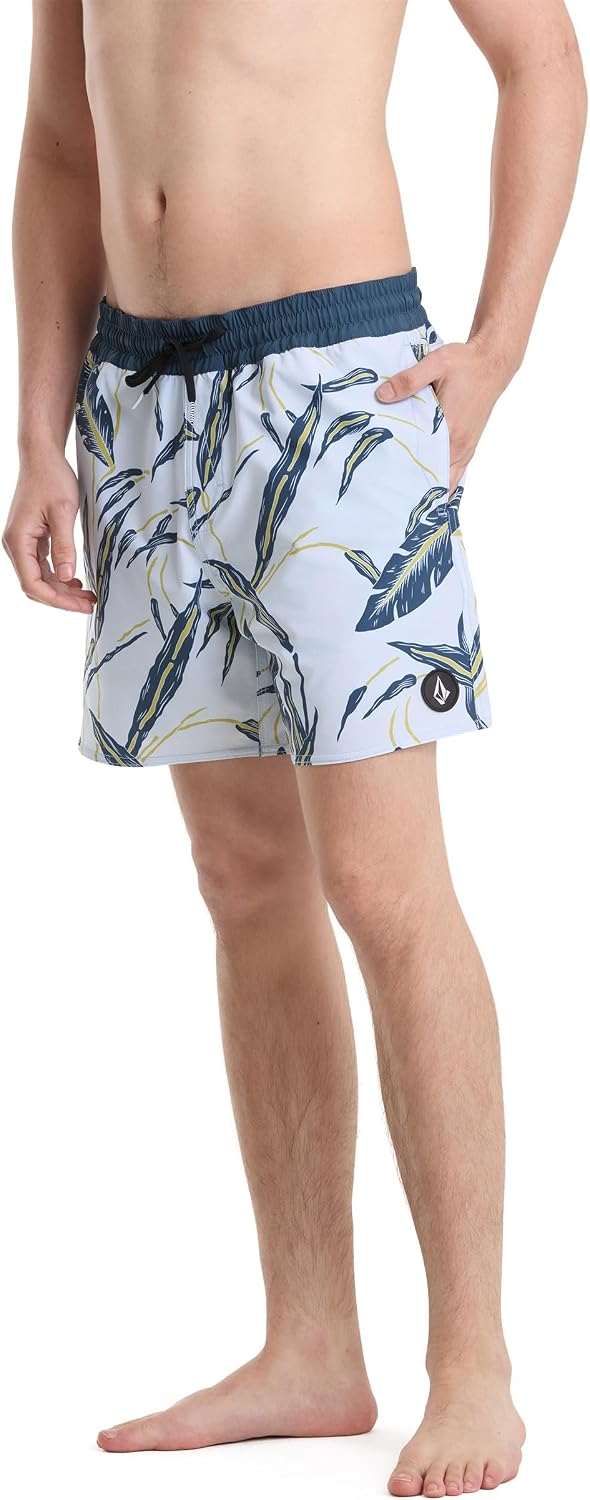 Volcom Men's 16" Elastic Waist Swim Trunks- Stretchable, UPF 50+, Quick Dry Swim Bottoms Light Blue Acid