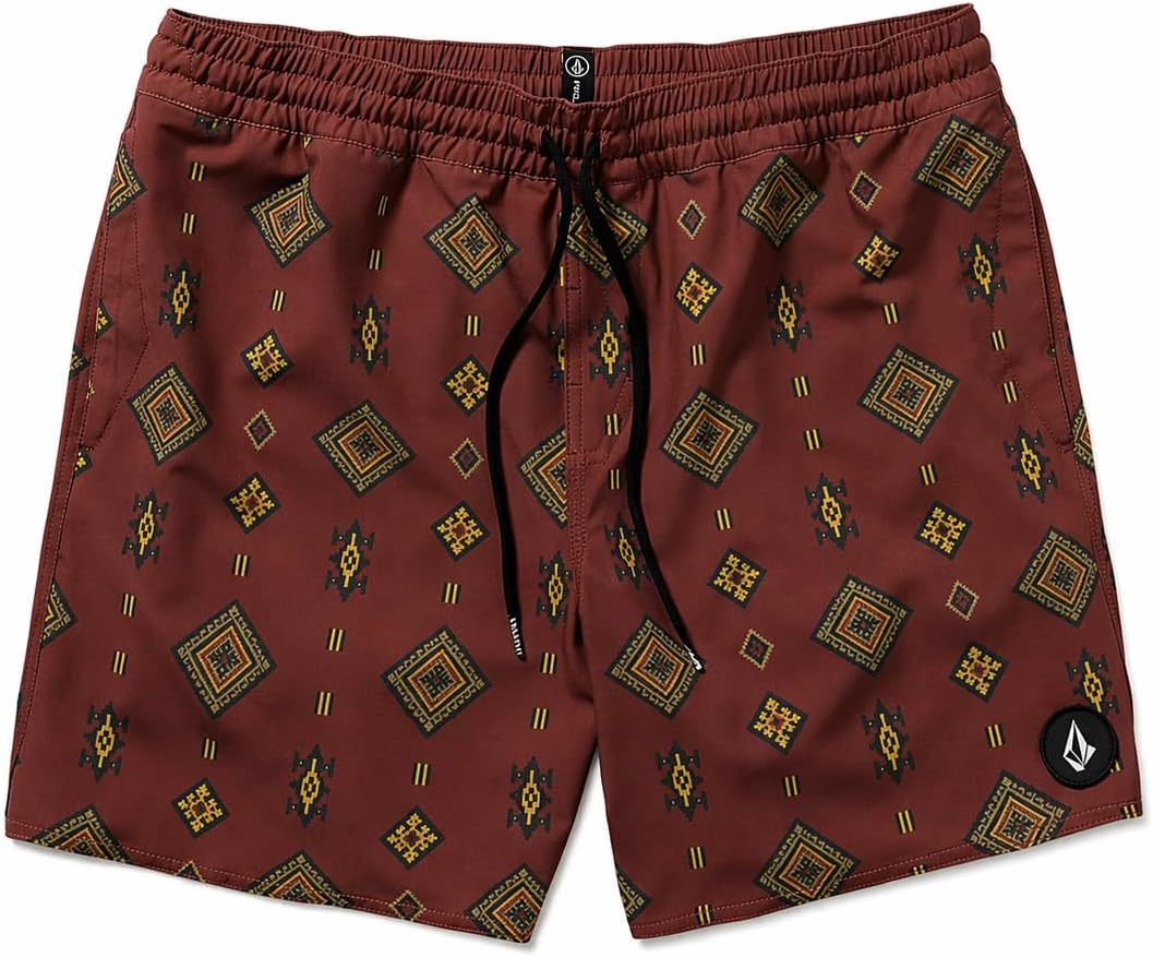 Volcom Men's 16" Elastic Waist Swim Trunks- Stretchable, UPF 50+, Quick Dry Swim Bottoms Mahogany