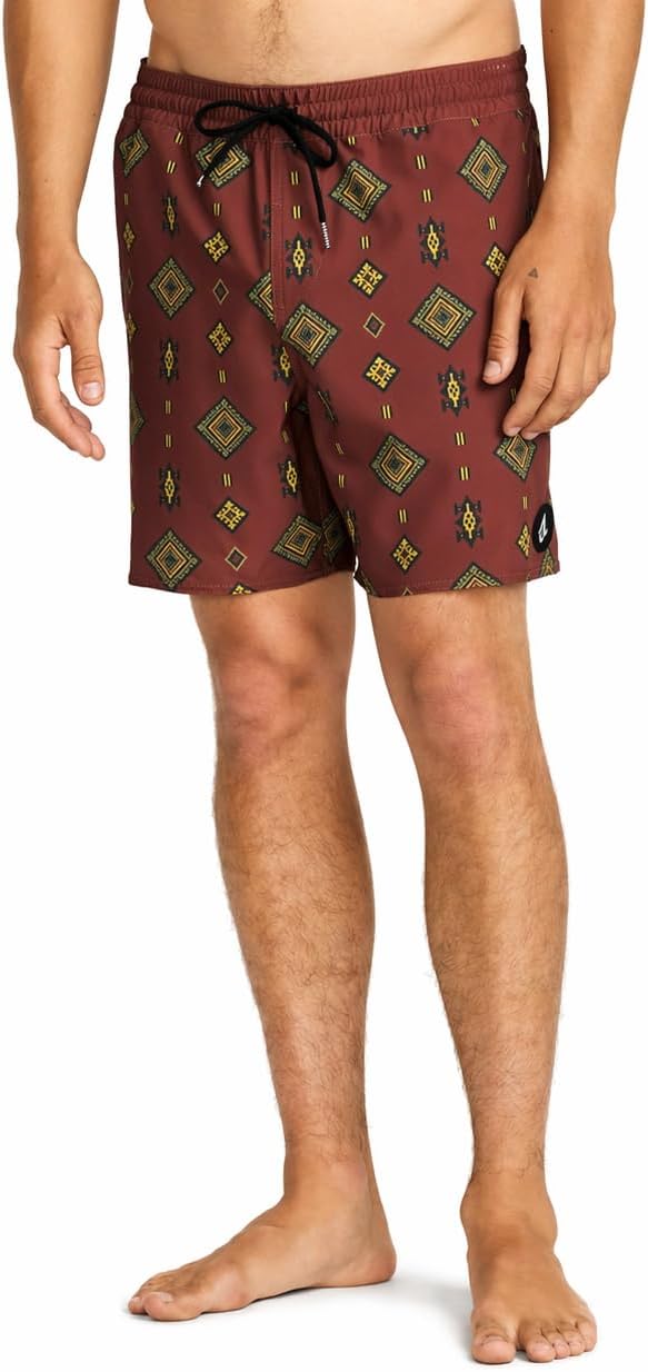 Volcom Men's 16" Elastic Waist Swim Trunks- Stretchable, UPF 50+, Quick Dry Swim Bottoms Mahogany