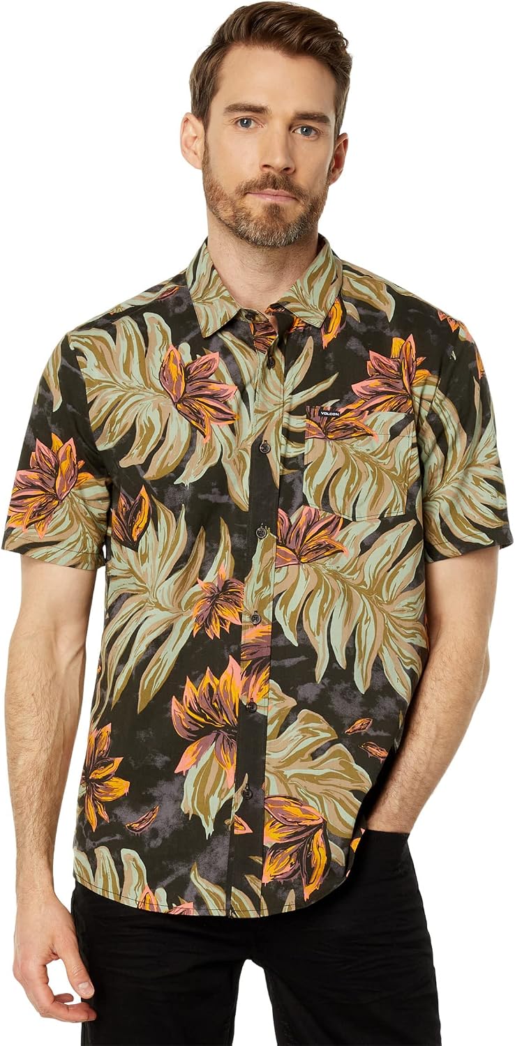 Volcom Men's Regular Marble Floral Short Sleeve Button Down Hawaiian Shirt Rinsed Black