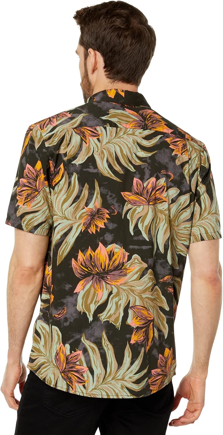 Volcom Men's Regular Marble Floral Short Sleeve Button Down Hawaiian Shirt Rinsed Black
