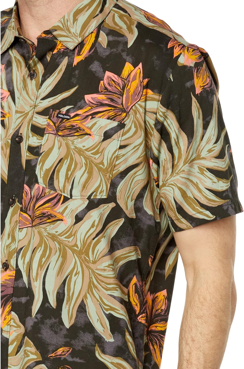 Volcom Men's Regular Marble Floral Short Sleeve Button Down Hawaiian Shirt Rinsed Black