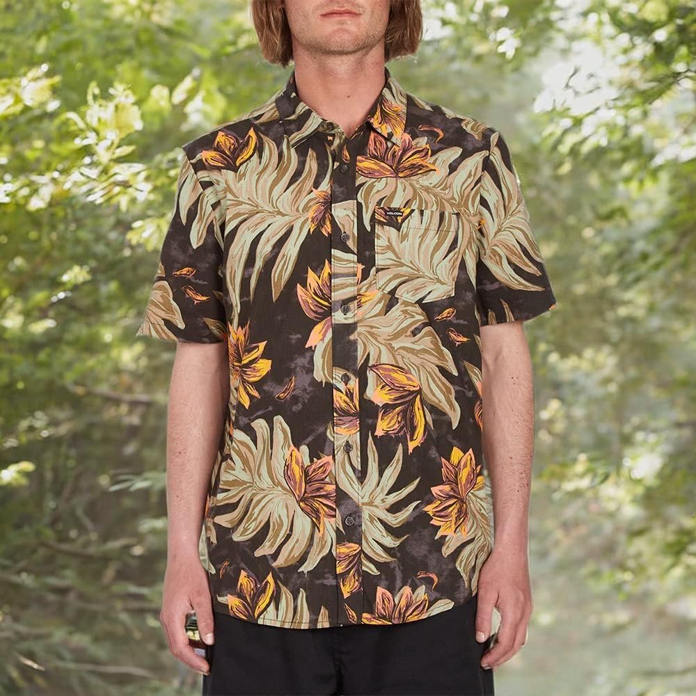 Volcom Men's Regular Marble Floral Short Sleeve Button Down Hawaiian Shirt Rinsed Black