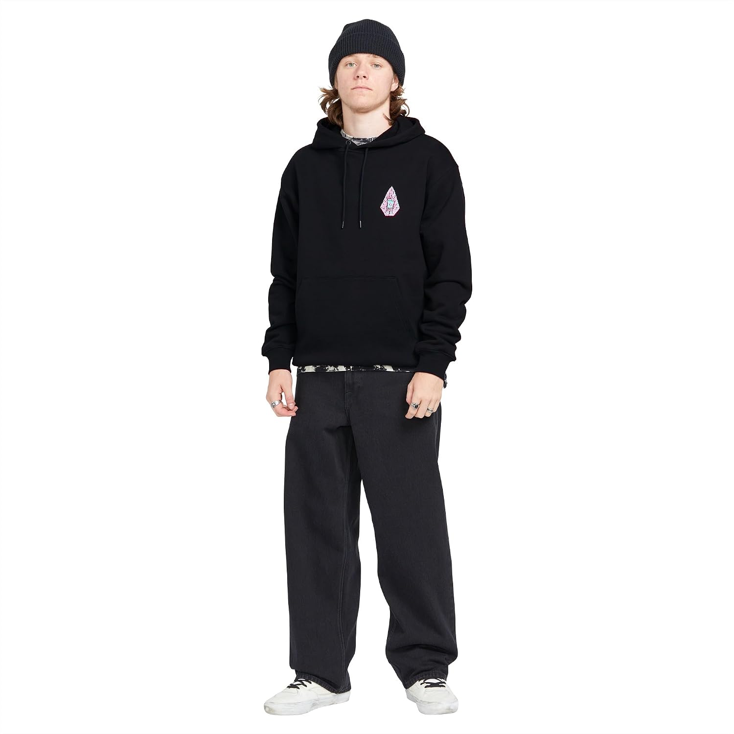 Volcom Men's Pullover Logo Fleece Hooded Sweatshirt – Soft Brushed Interior, Classic Fit, Kangaroo Pocket, Ribbed Cuffs & Hem Black Tetsun