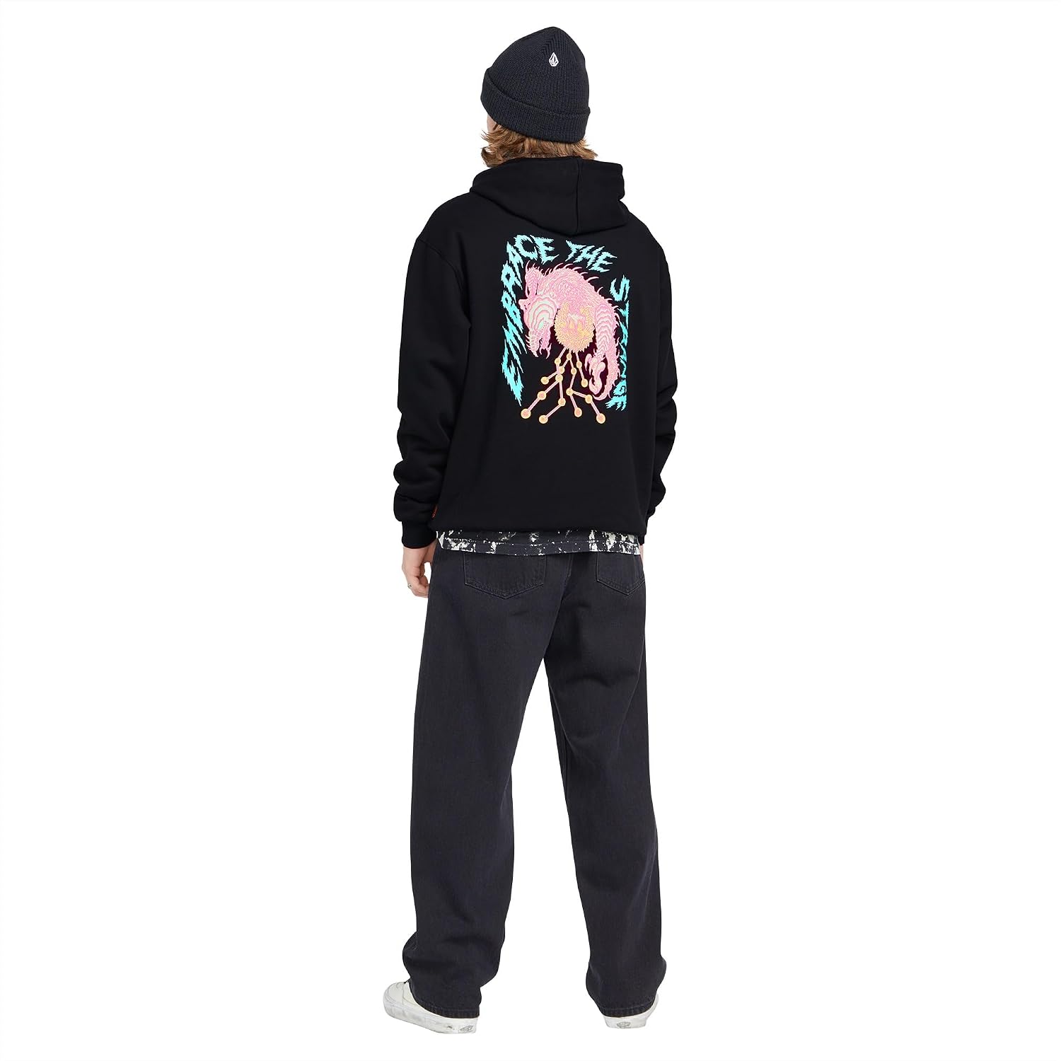 Volcom Men's Pullover Logo Fleece Hooded Sweatshirt – Soft Brushed Interior, Classic Fit, Kangaroo Pocket, Ribbed Cuffs & Hem Black Tetsun