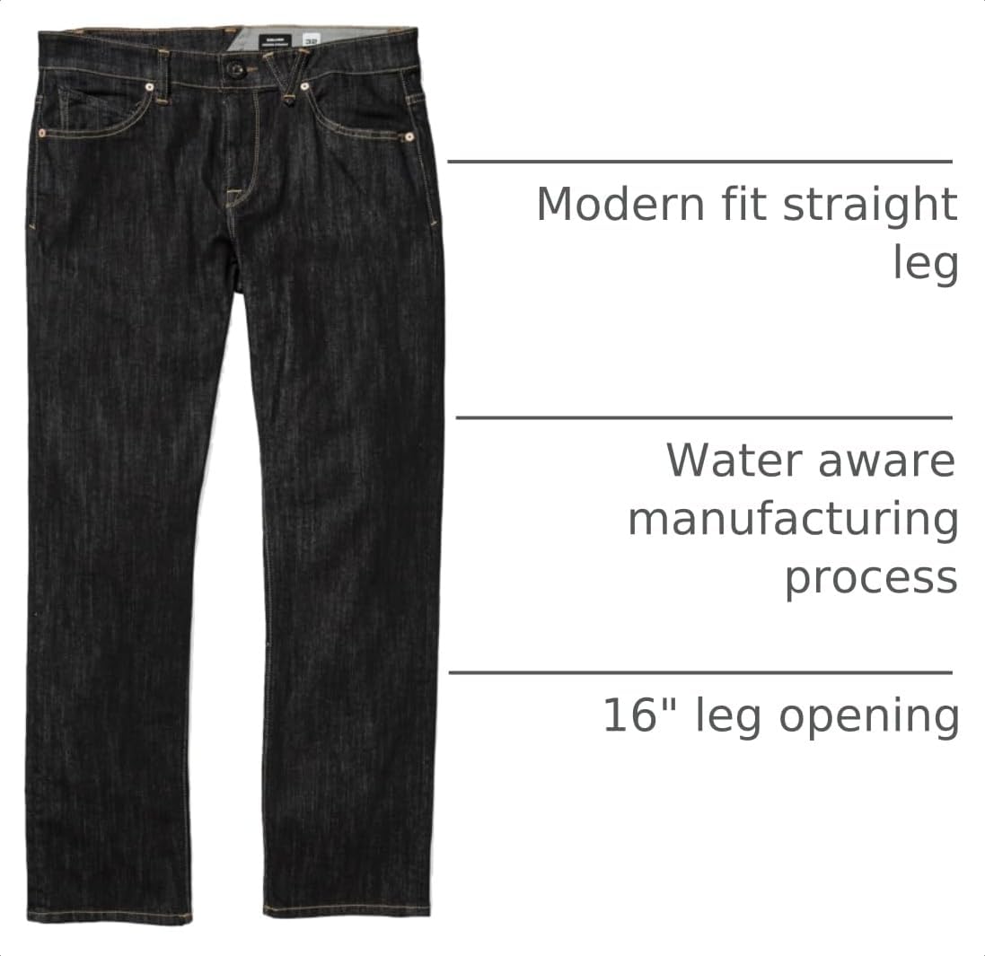 Volcom Men's Solver Modern Fit Jeans – Classic Straight Leg Denim Pants with 16" Leg Opening Rinse
