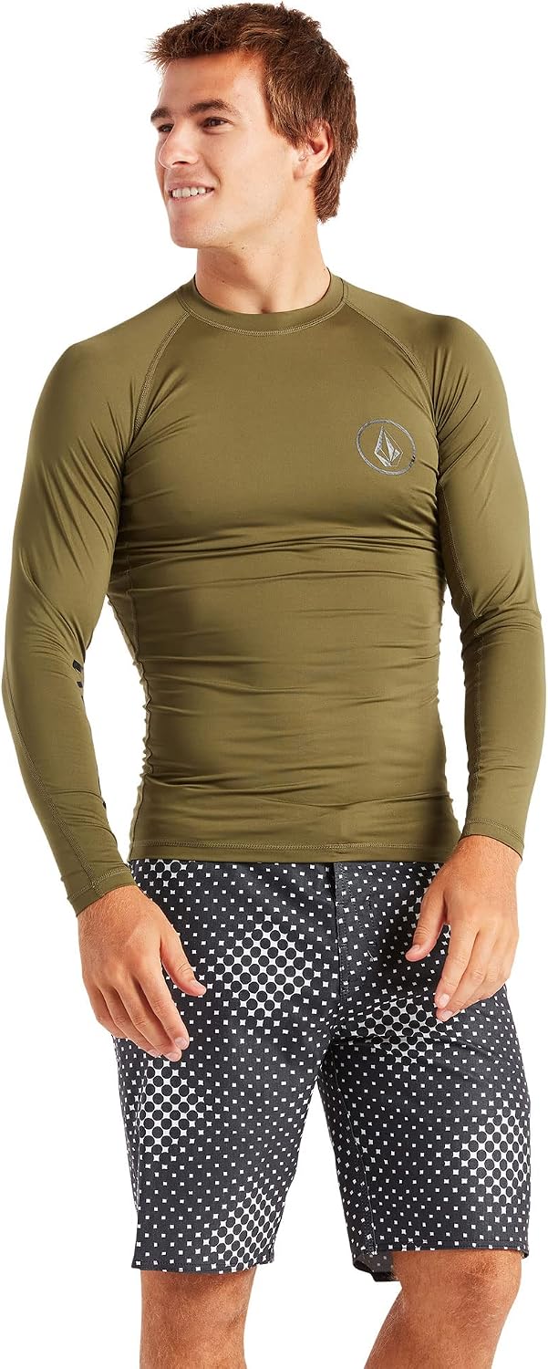 Volcom Men's Compression Fit Long Sleeve Rashguard – UPF 50+ Sun Protection, Quick-Dry Performance Shirt Military