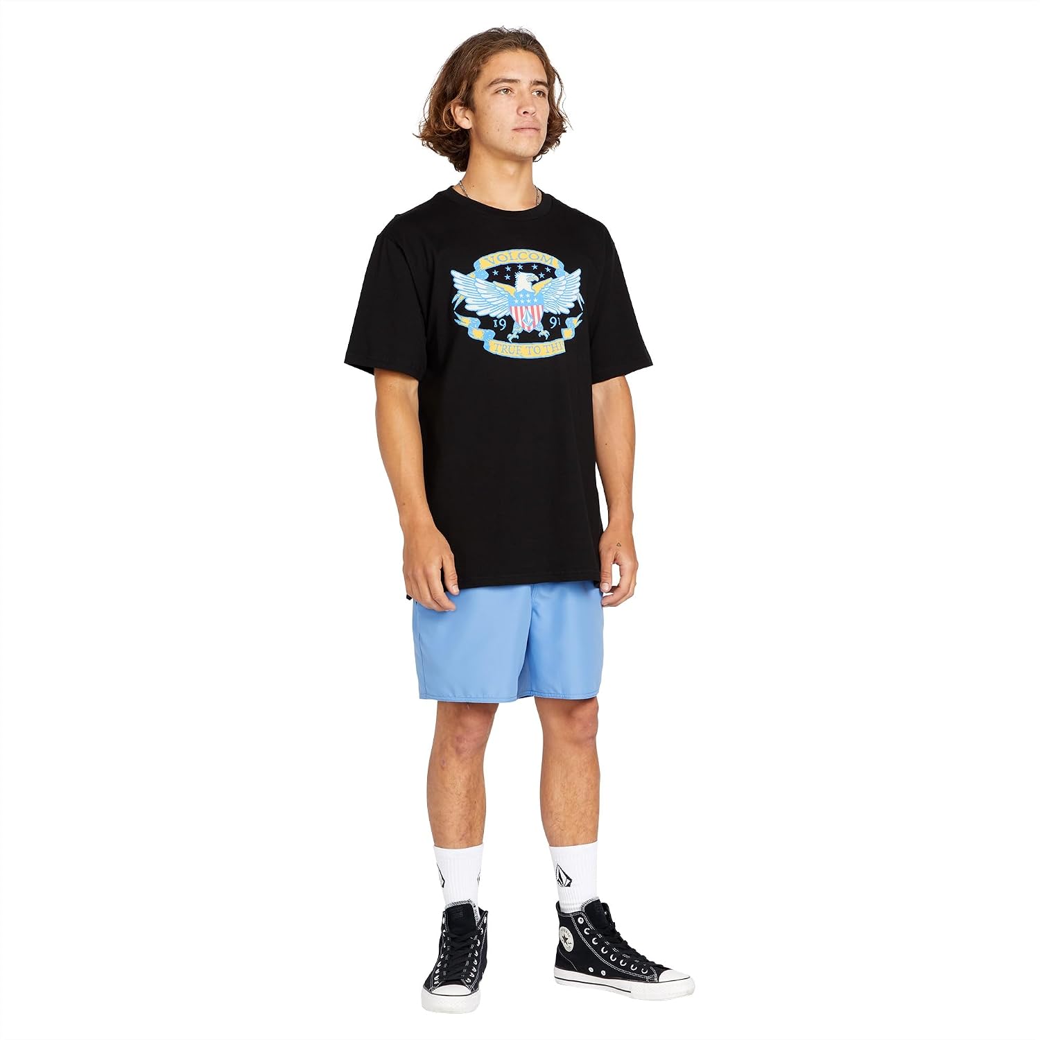 Volcom Men's 16" Elastic Waist Swim Trunks- Stretchable, UPF 50+, Quick Dry Swim Bottoms Blue Bird
