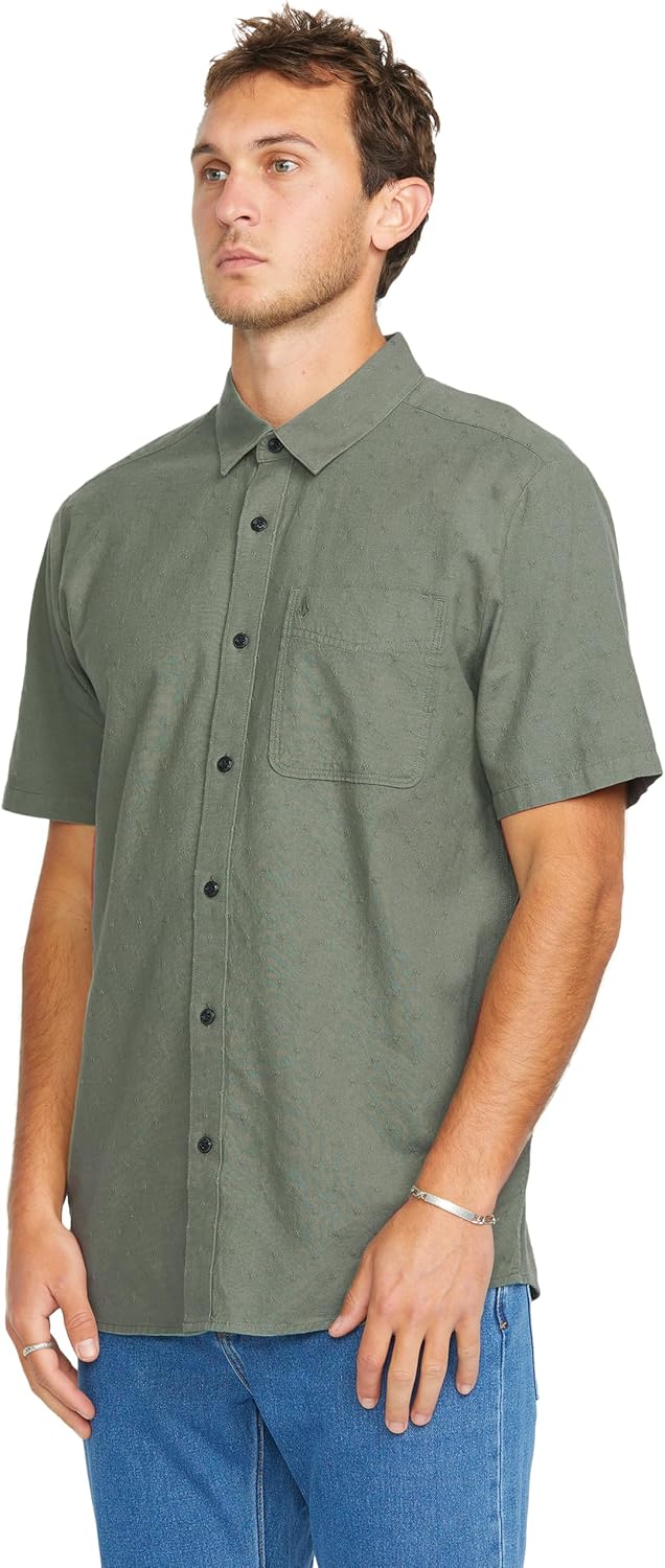 Volcom Men's Date Knight Short Sleeve Classic Fit Button Down Shirt Light Olive