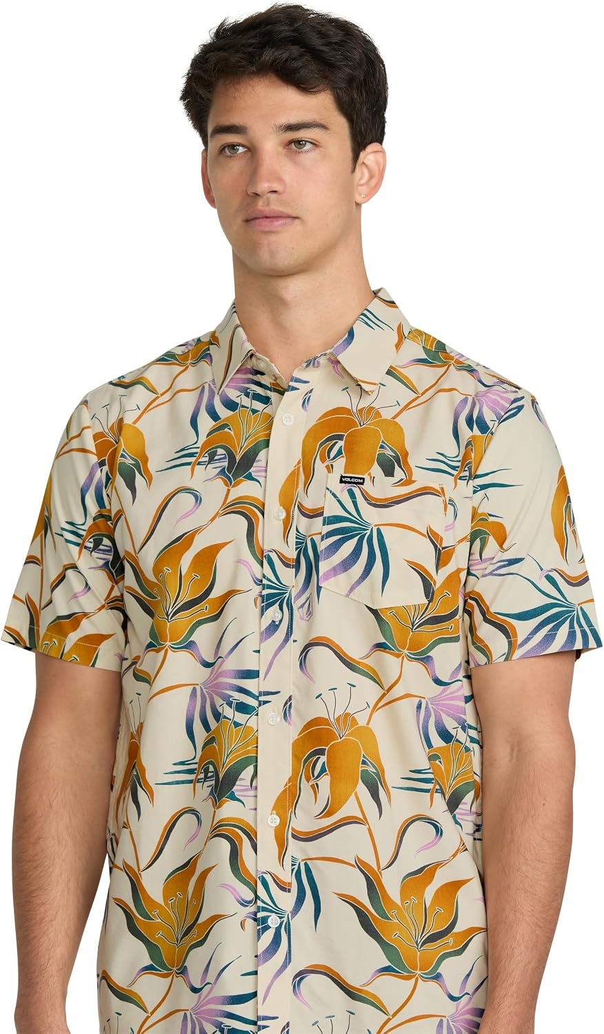 Volcom Men's Regular Marble Floral Short Sleeve Button Down Hawaiian Shirt Dirty White