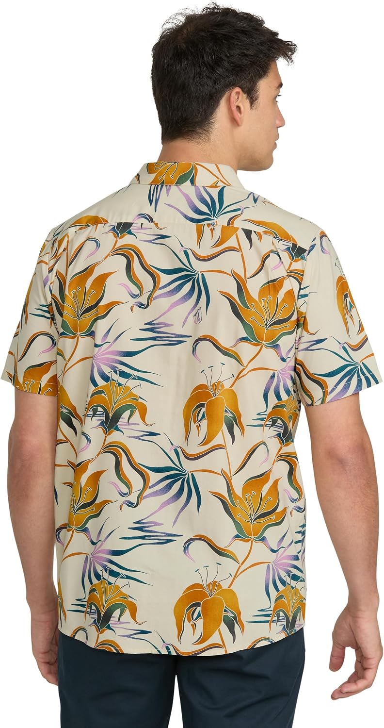 Volcom Men's Regular Marble Floral Short Sleeve Button Down Hawaiian Shirt Dirty White