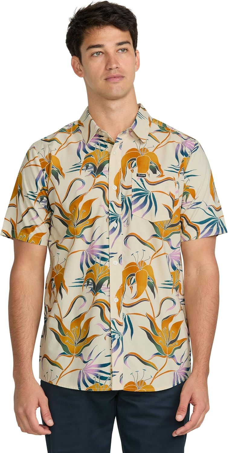 Volcom Men's Regular Marble Floral Short Sleeve Button Down Hawaiian Shirt Dirty White