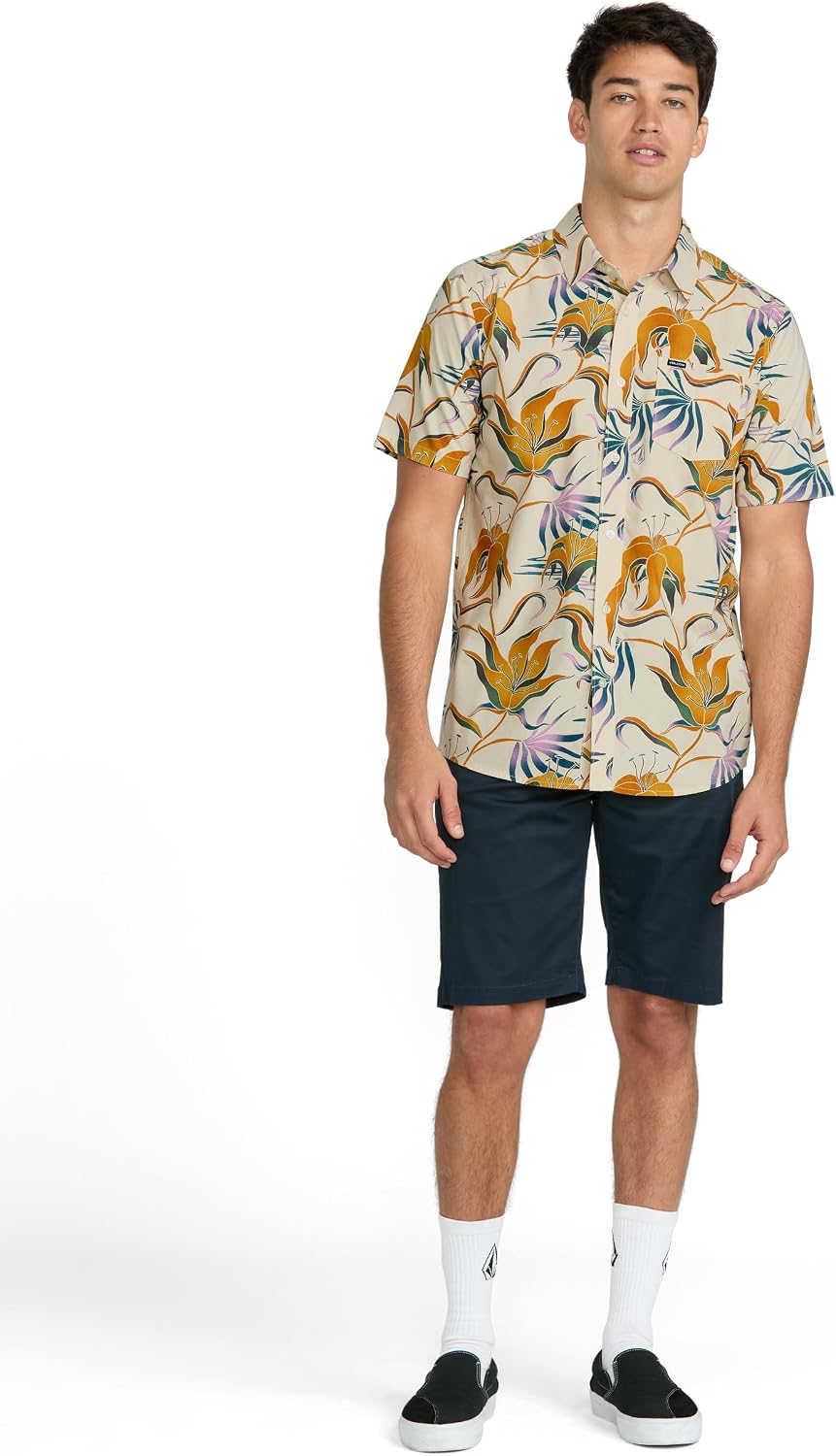 Volcom Men's Regular Marble Floral Short Sleeve Button Down Hawaiian Shirt Dirty White