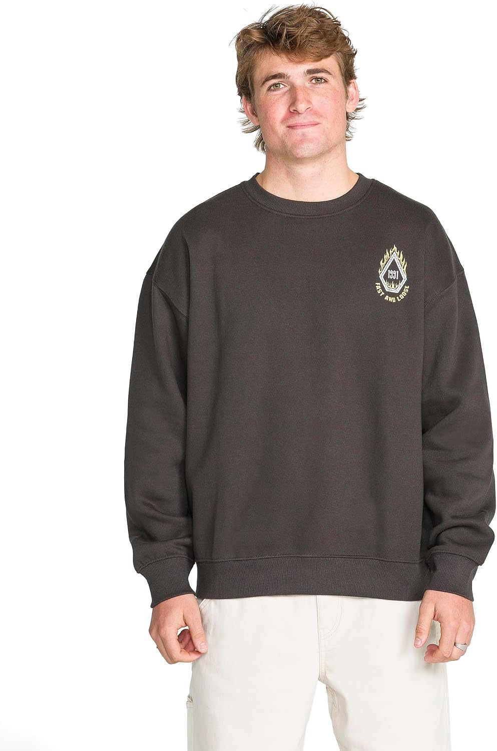 Volcom mens Roundabout Crew Fleece Sweatshirt – Soft Midweight Pullover Ribbed Cuffs Stealth