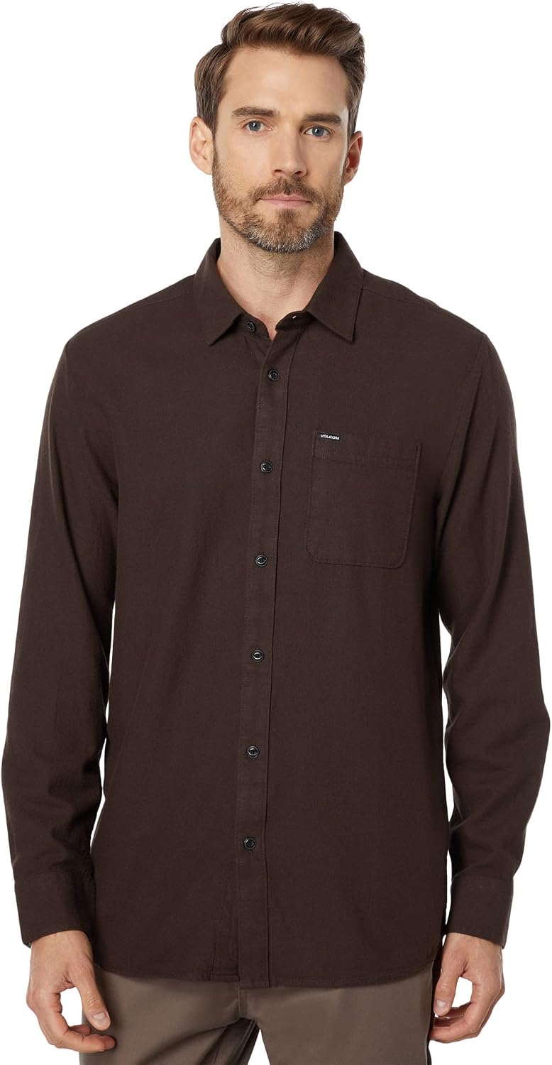 Volcom Men's Caden Solid Long Sleeve Button Down Shirt Dark Brown