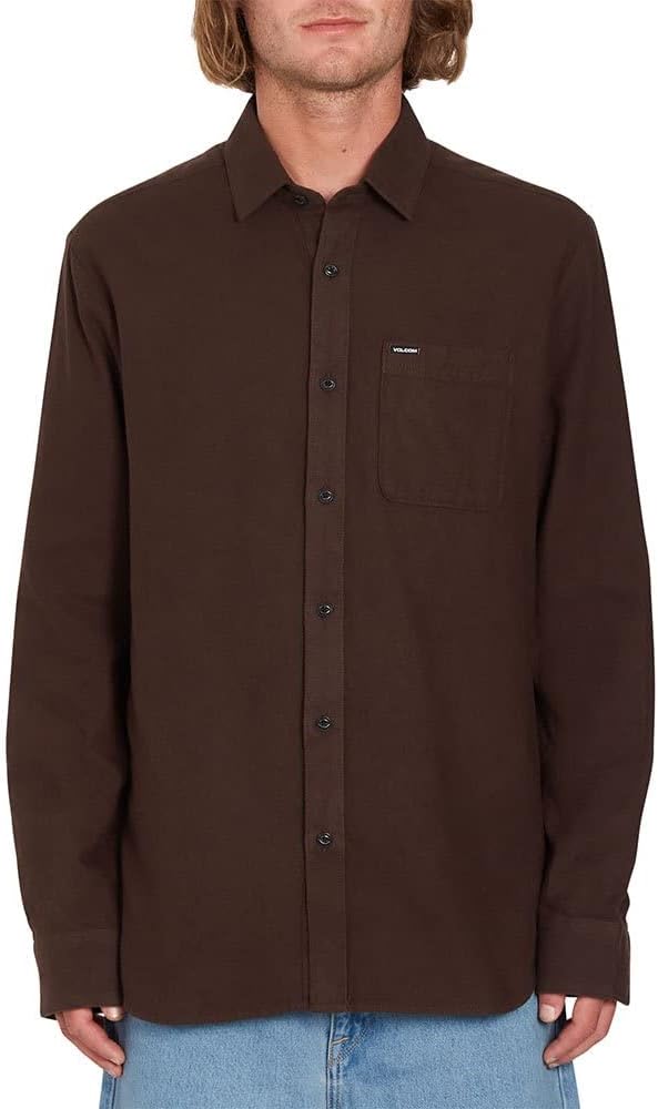 Volcom Men's Caden Solid Long Sleeve Button Down Shirt Dark Brown