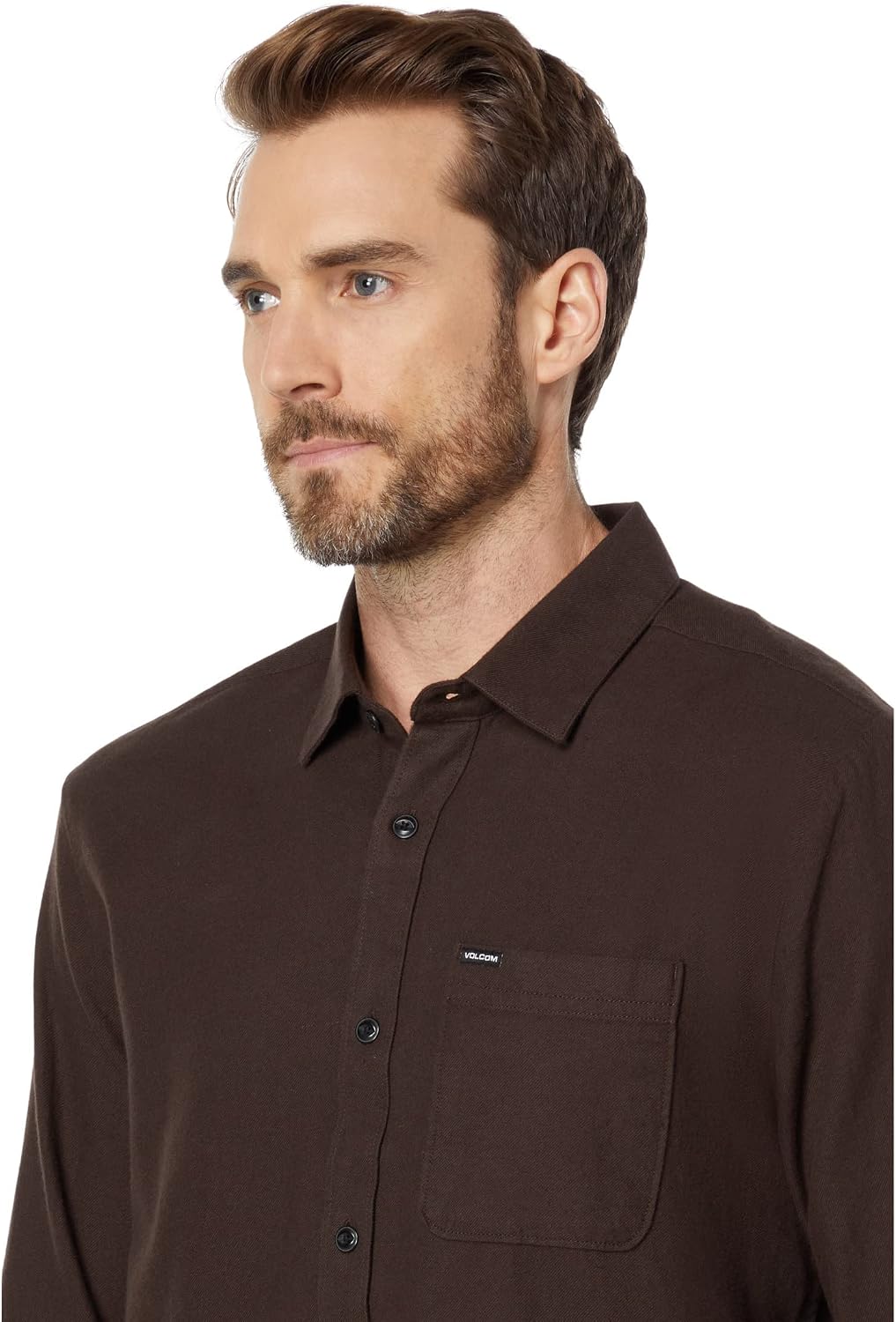 Volcom Men's Caden Solid Long Sleeve Button Down Shirt Dark Brown