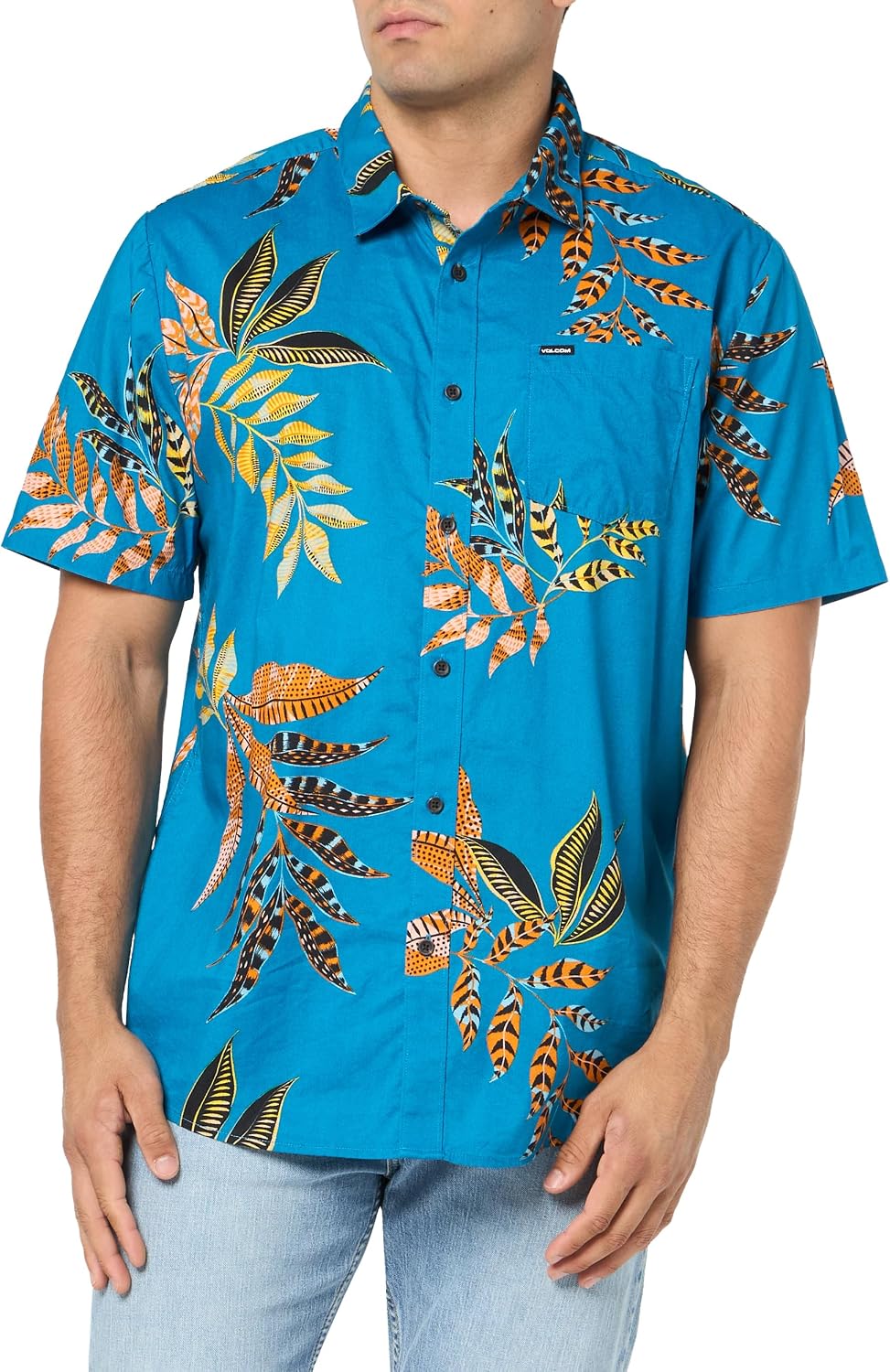 Volcom Men's Regular Marble Floral Short Sleeve Button Down Hawaiian Shirt Ocean Teal