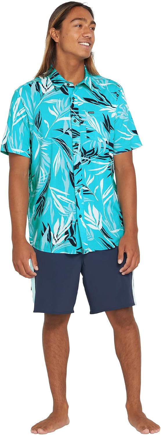 Volcom Men's Bleeding Leaf Short Sleeve Classic Fit Shirt Electric Blue
