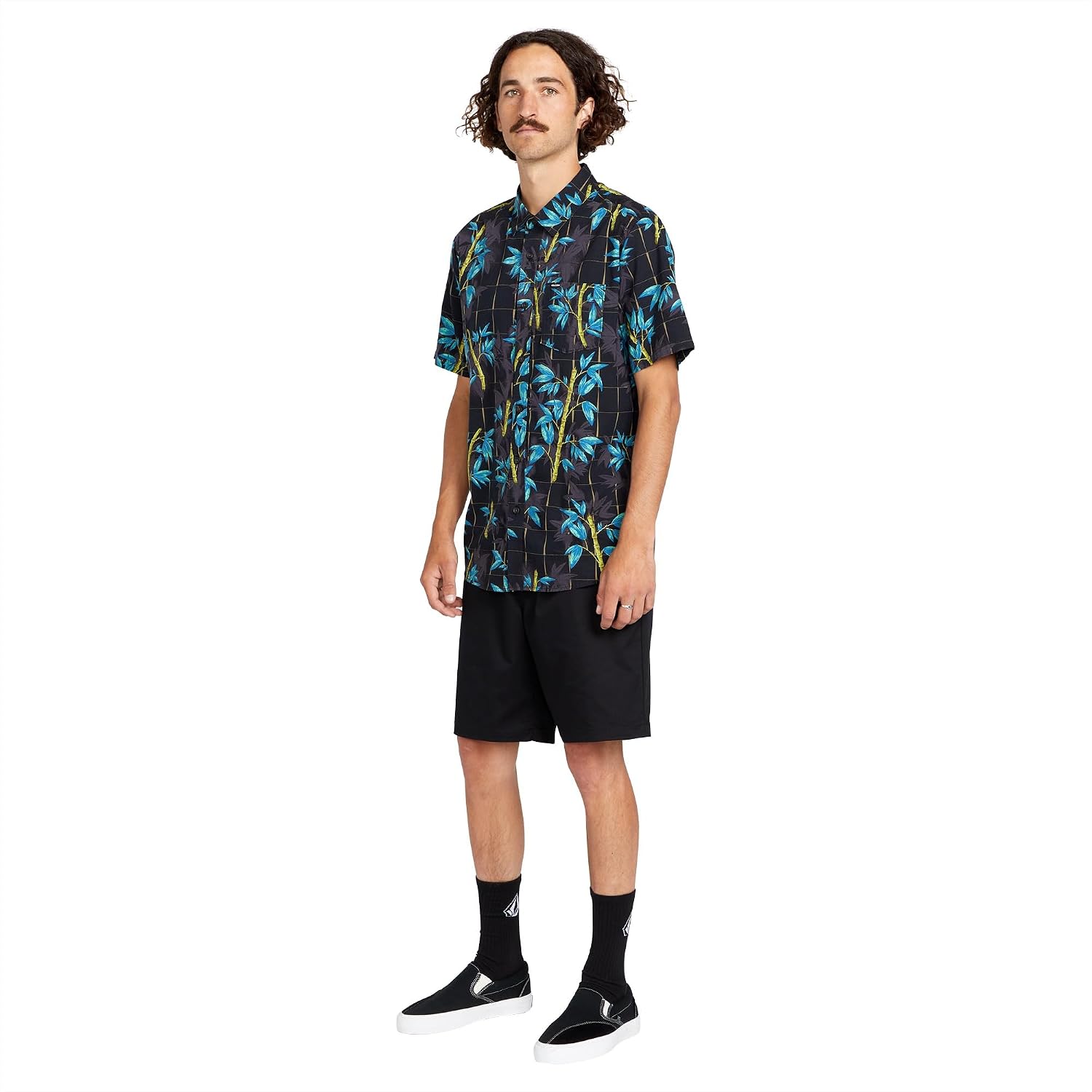 Volcom Men's Regular Marble Floral Short Sleeve Button Down Hawaiian Shirt Bamboozeled Black