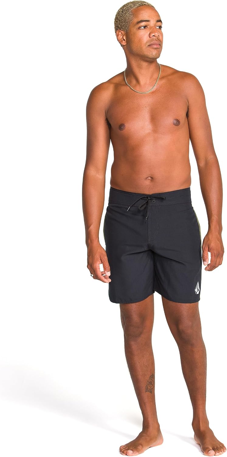 Volcom Men's 18" Boardshorts – Stretch Swim Trunks with Drawstring Waist and Back Flap Pocket Lawton Black