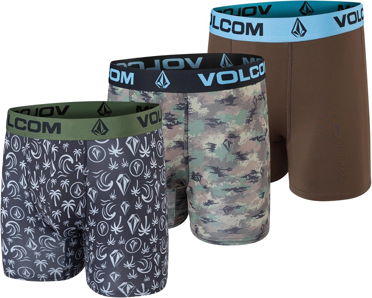 Volcom Mens Boxer Briefs 3 Pack Poly Spandex Performance FLY-LESS Support Boxer Briefs Underwear BlackCamouflageBrown