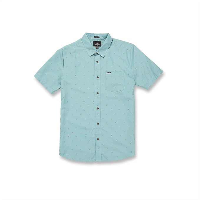 Volcom Men's Shortsleeve Printed Woven Shirt - Lightweight Button-up, Soft Cotton Blend, Casual Fit for Summer Coastal Blue