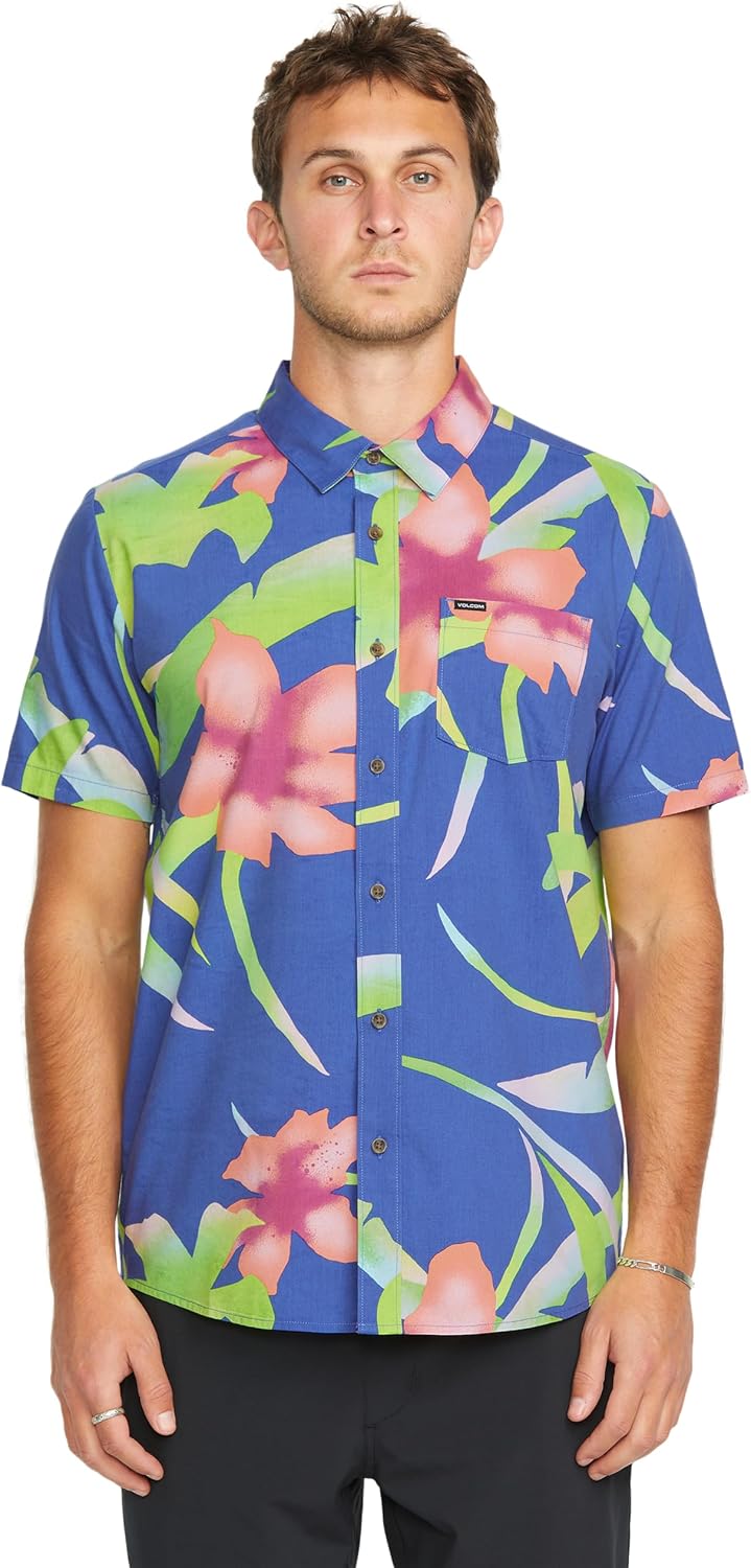 Volcom Men's Regular Marble Floral Short Sleeve Button Down Hawaiian Shirt Ultramarine