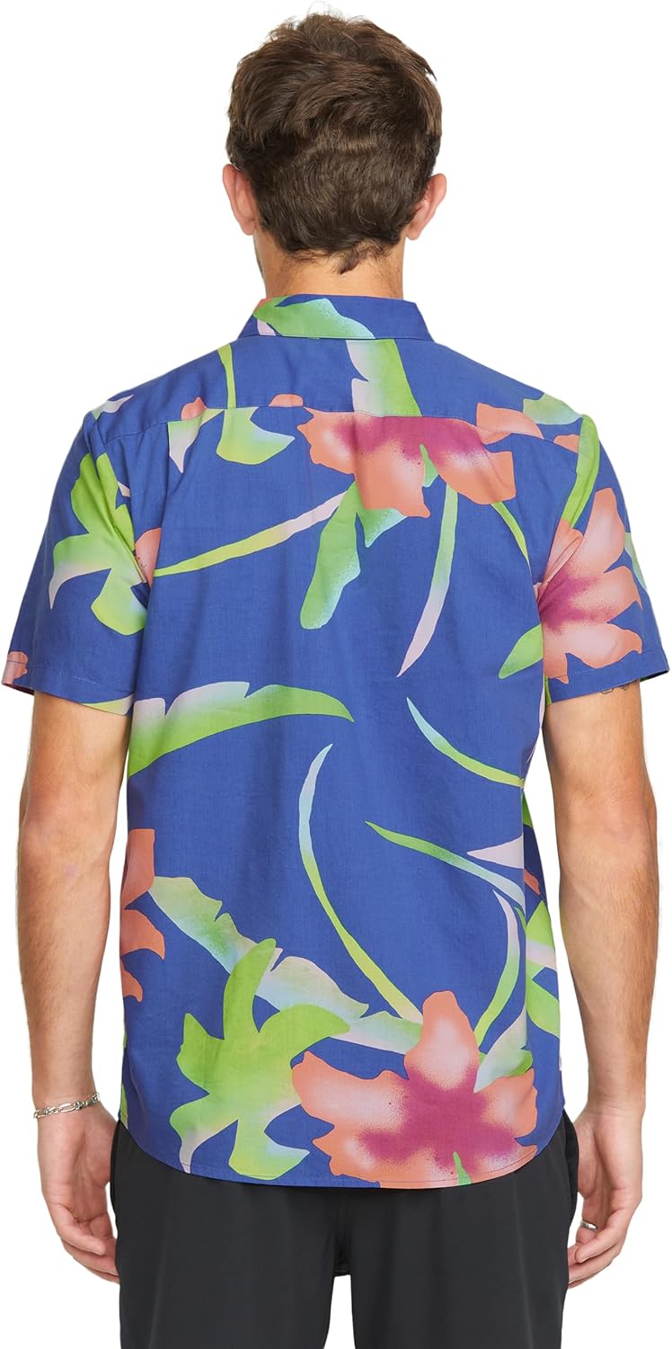 Volcom Men's Regular Marble Floral Short Sleeve Button Down Hawaiian Shirt Ultramarine