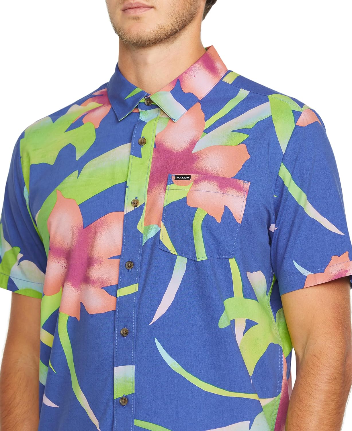 Volcom Men's Regular Marble Floral Short Sleeve Button Down Hawaiian Shirt Ultramarine