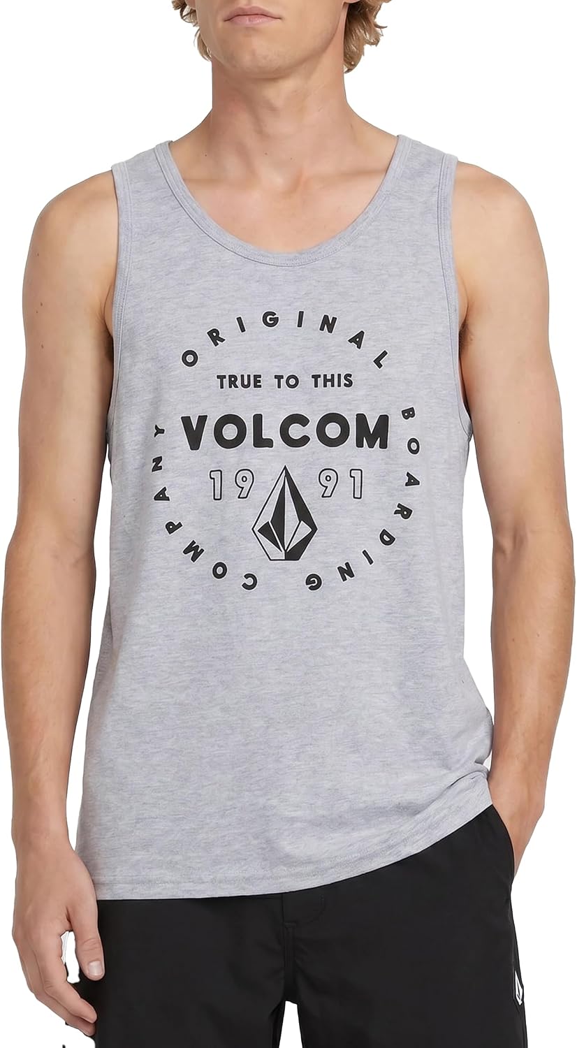 Volcom Men's Graphic Tank Top – Soft Cotton Sleeveless Shirt with Logo Print Heather Grey Mortis