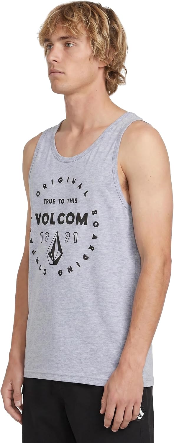 Volcom Men's Graphic Tank Top – Soft Cotton Sleeveless Shirt with Logo Print Heather Grey Mortis
