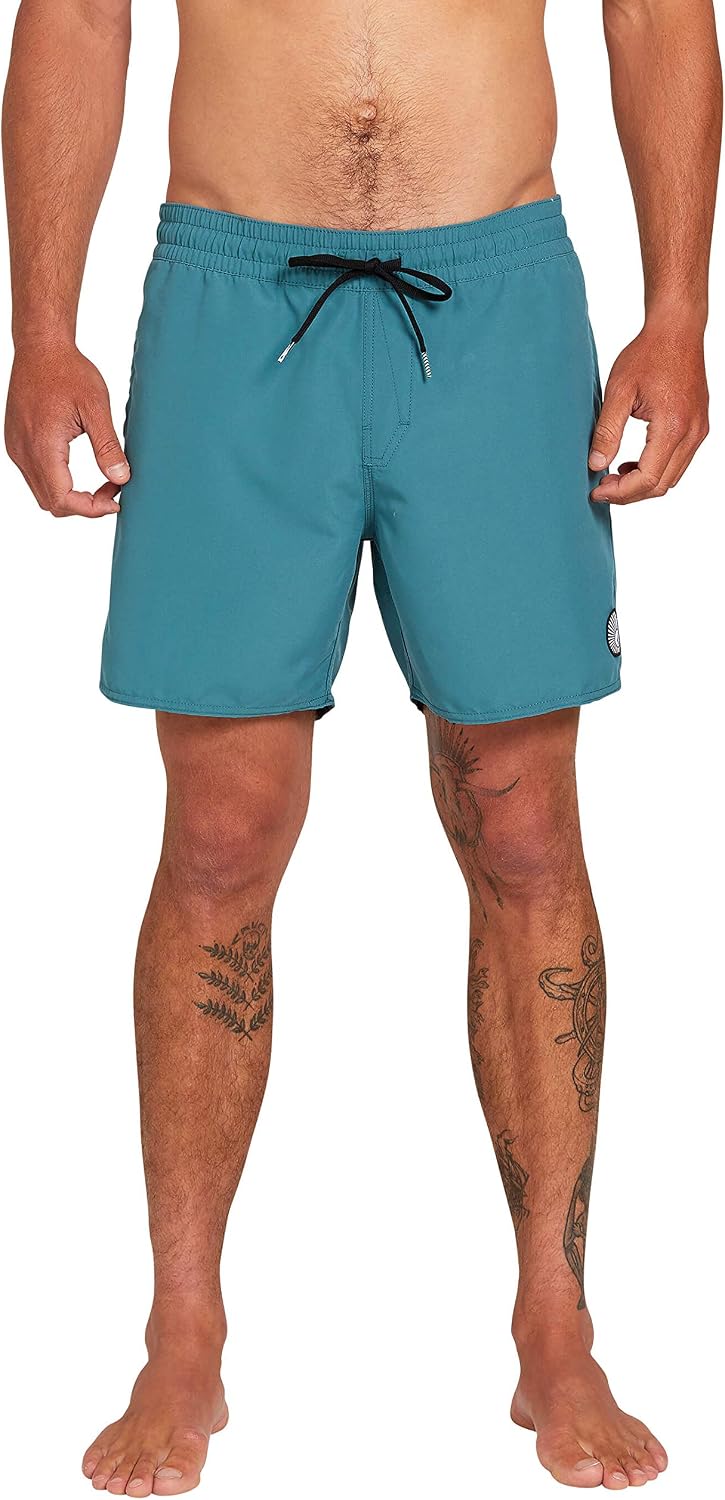 Volcom Men's 16" Elastic Waist Swim Trunks- Stretchable, UPF 50+, Quick Dry Swim Bottoms Hydro Blue