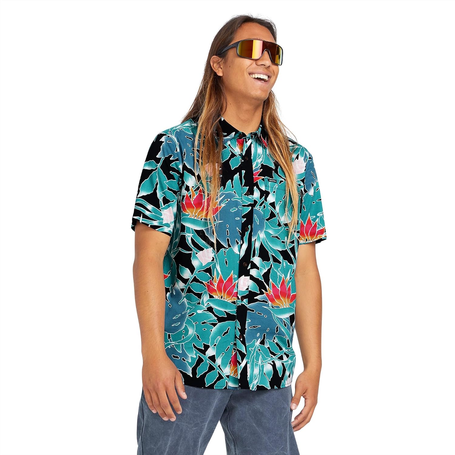 Volcom Men's Regular Marble Floral Short Sleeve Button Down Hawaiian Shirt Black Leaf