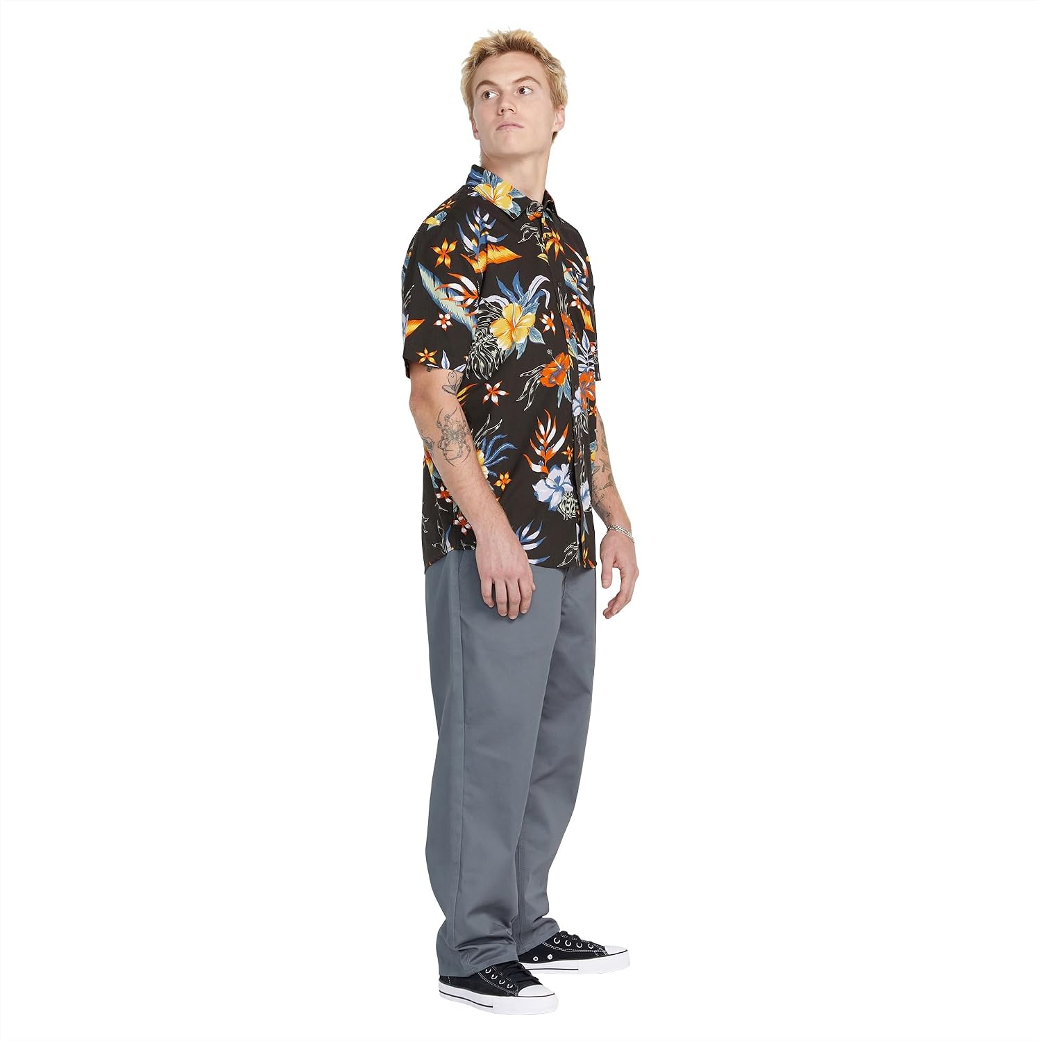 Volcom Men's Regular Marble Floral Short Sleeve Button Down Hawaiian Shirt Stealth