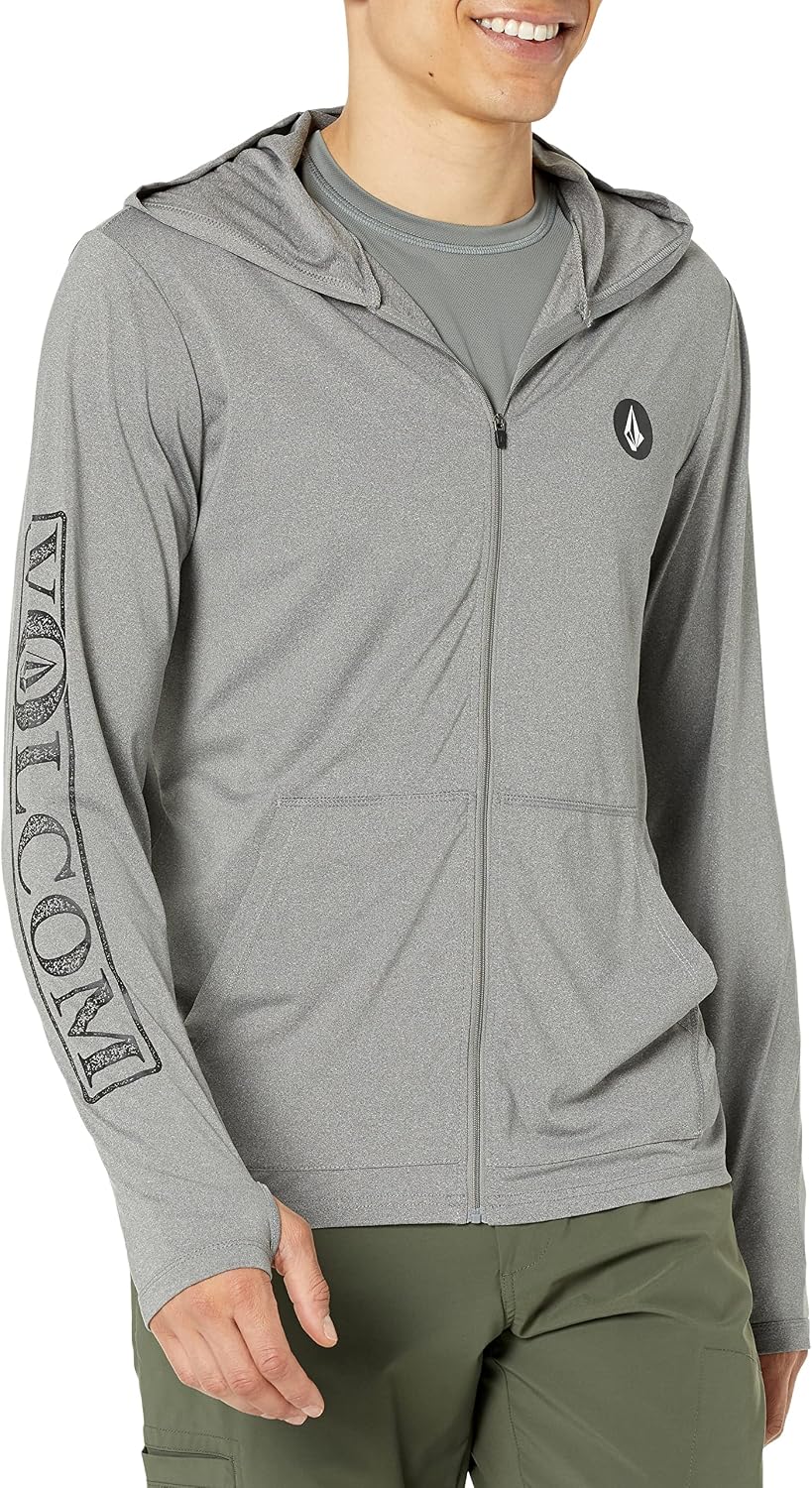 Volcom Men's Long Sleeve Hooded Rashguard- UPF 50+ Sun Protection, Quick-Dry Heather Grey