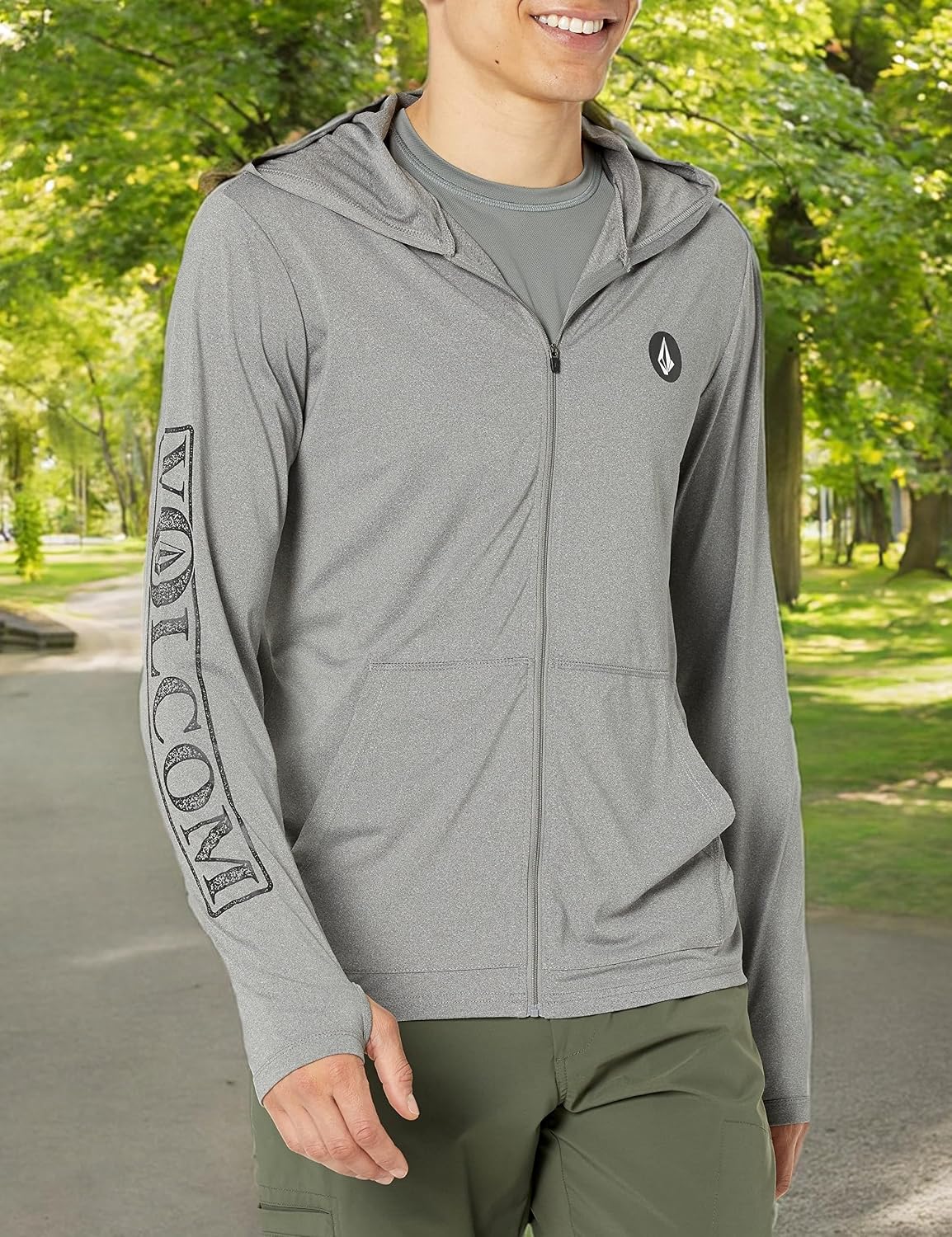 Volcom Men's Long Sleeve Hooded Rashguard- UPF 50+ Sun Protection, Quick-Dry Heather Grey