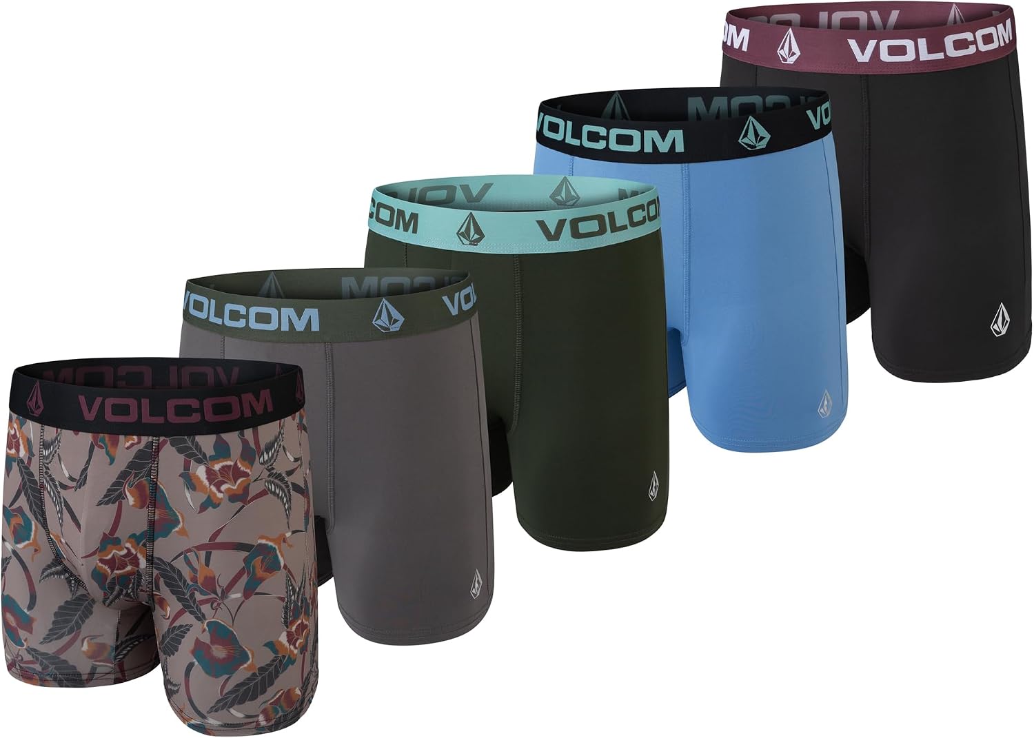 Volcom Mens Boxer Briefs 5 Pack Poly Spandex Performance Boxer Briefs Underwear BrownGreyHunter GreenBaby BlueBlack
