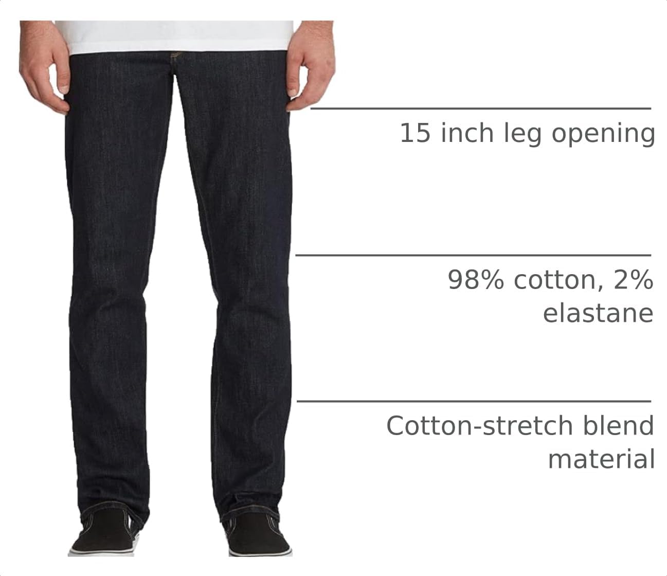 Volcom Men's Vorta Slim Fit Jeans – Classic Straight Leg Denim Pants with 15" Leg Opening Rinse Blue