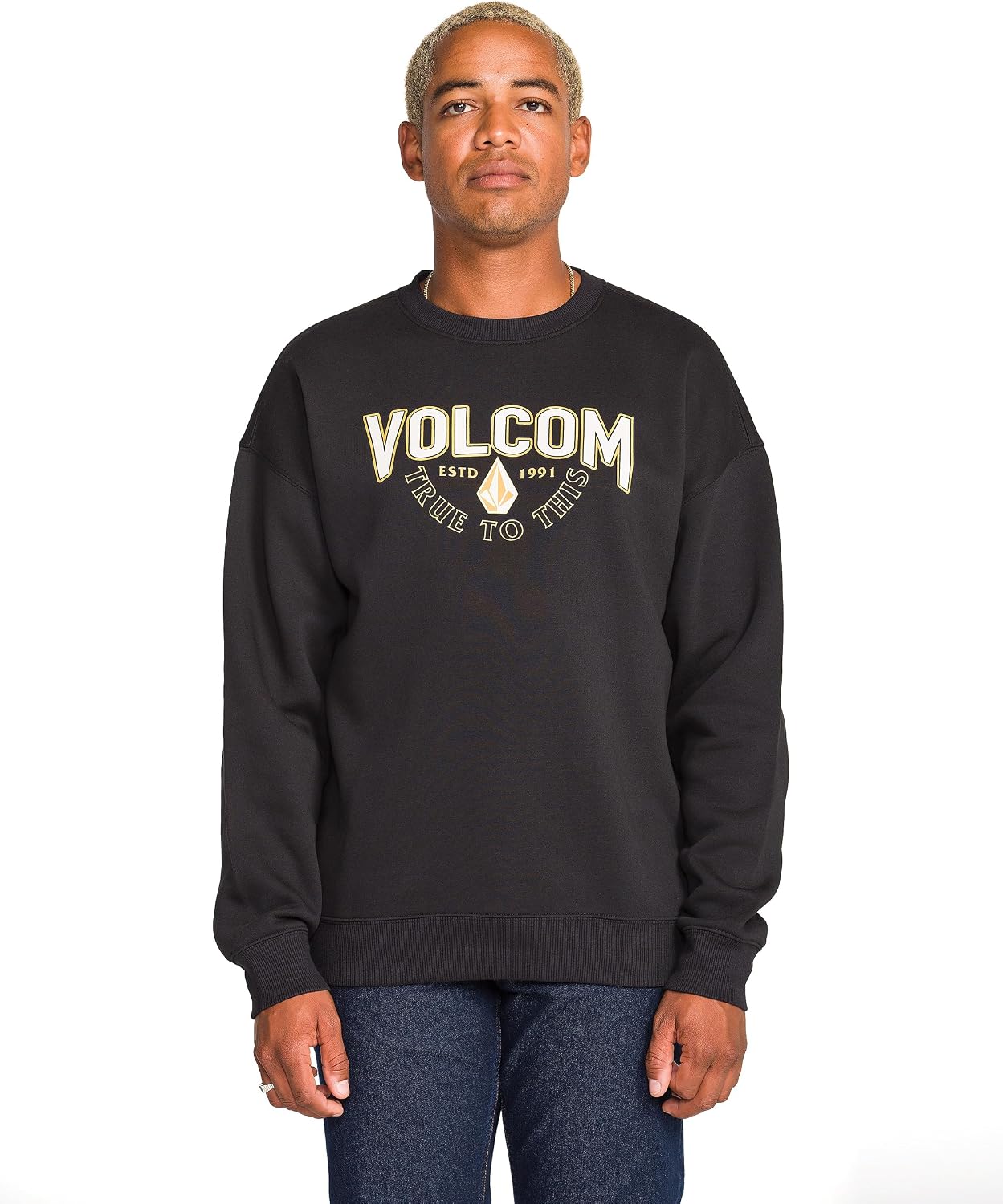 Volcom mens Roundabout Crew Fleece Sweatshirt – Soft Midweight Pullover Ribbed Cuffs Edger Black